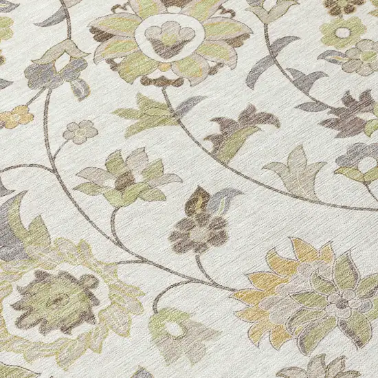 Ivory Brown And Green Floral Washable Indoor Outdoor Area Rug Photo 5