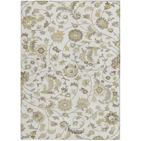 Ivory Brown And Green Floral Washable Indoor Outdoor Area Rug Photo 6