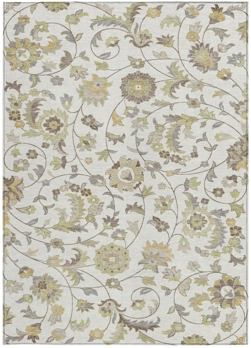 Ivory Brown And Green Floral Washable Indoor Outdoor Area Rug Photo 6