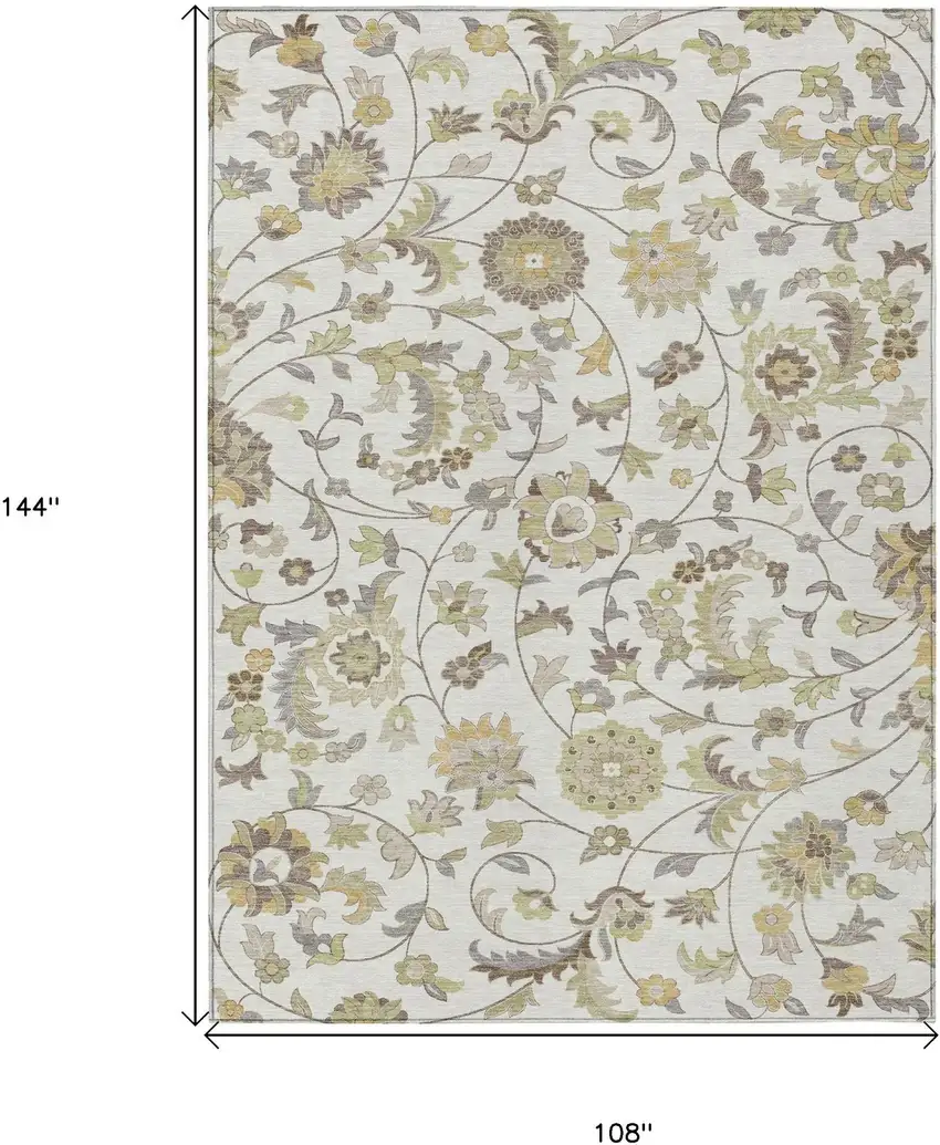 Ivory Brown And Green Floral Washable Indoor Outdoor Area Rug Photo 7