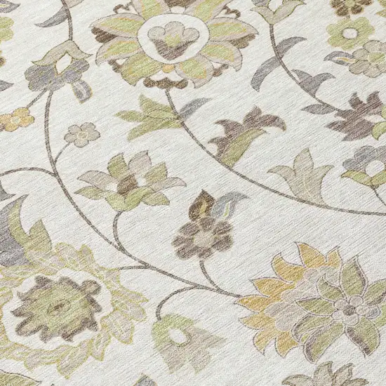 Ivory Brown And Green Floral Washable Indoor Outdoor Area Rug Photo 4