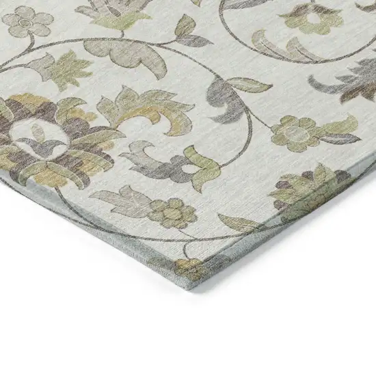 Ivory Brown And Green Floral Washable Indoor Outdoor Area Rug Photo 3