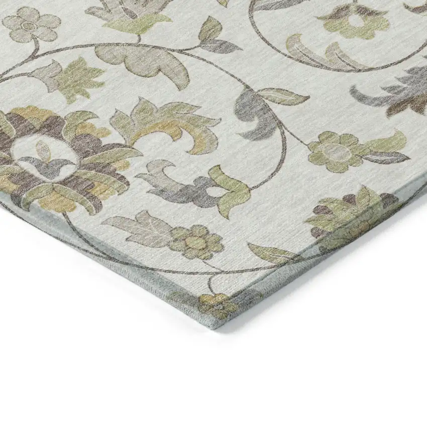 Ivory Brown And Green Floral Washable Indoor Outdoor Area Rug Photo 3