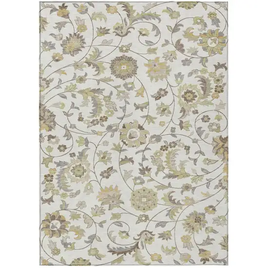 Ivory Brown And Green Floral Washable Indoor Outdoor Area Rug Photo 2