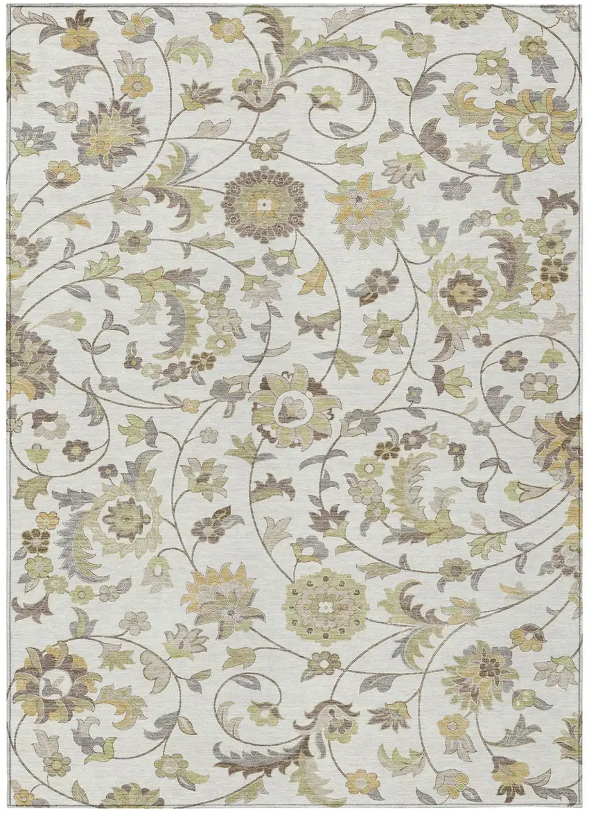 Ivory Brown And Green Floral Washable Indoor Outdoor Area Rug Photo 2