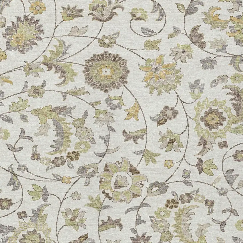Ivory Brown And Green Floral Washable Indoor Outdoor Area Rug Photo 5