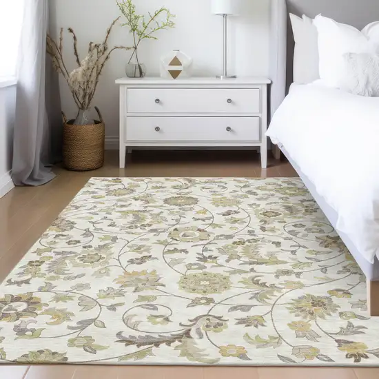 Ivory Brown And Green Floral Washable Indoor Outdoor Area Rug Photo 9
