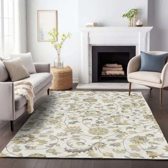 Ivory Brown And Green Floral Washable Indoor Outdoor Area Rug Photo 9