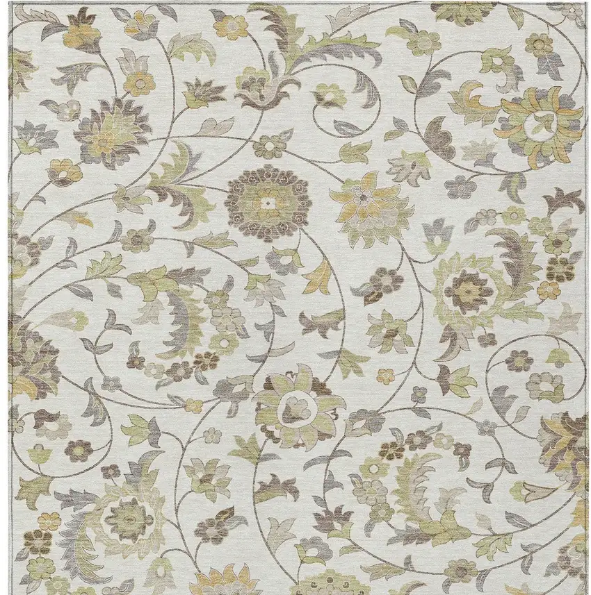 Ivory Brown And Green Floral Washable Indoor Outdoor Area Rug Photo 7