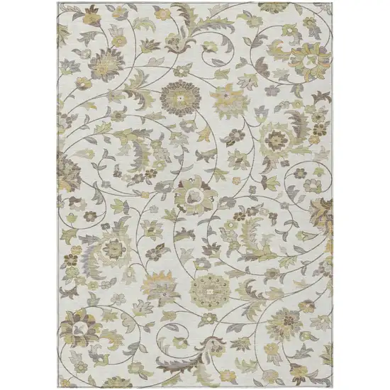 Ivory Brown And Green Floral Washable Indoor Outdoor Area Rug Photo 2
