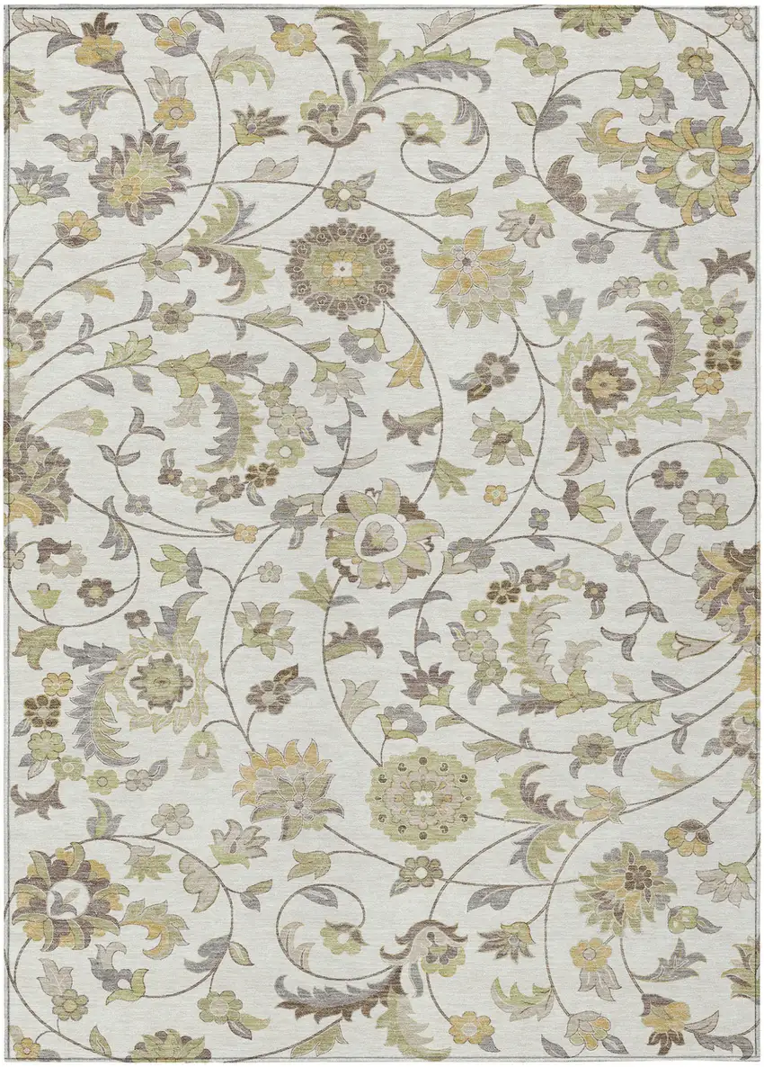 Ivory Brown And Green Floral Washable Indoor Outdoor Area Rug Photo 2