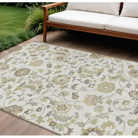 Ivory Brown And Green Floral Washable Indoor Outdoor Area Rug Photo 1