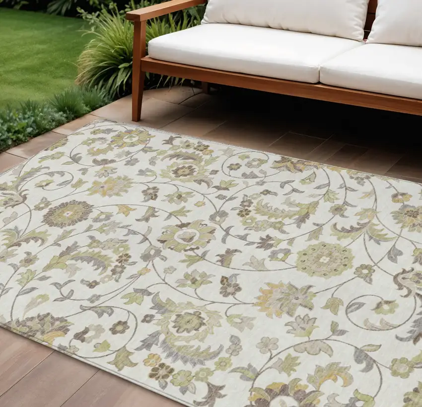Ivory Brown And Green Floral Washable Indoor Outdoor Area Rug Photo 1