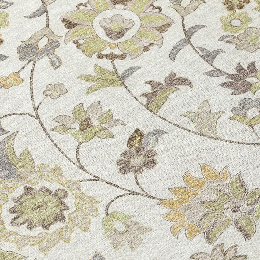Ivory Brown And Green Floral Washable Indoor Outdoor Area Rug Photo 6