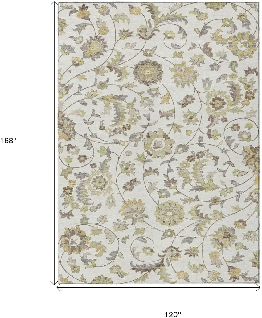 Ivory Brown And Green Floral Washable Indoor Outdoor Area Rug Photo 3