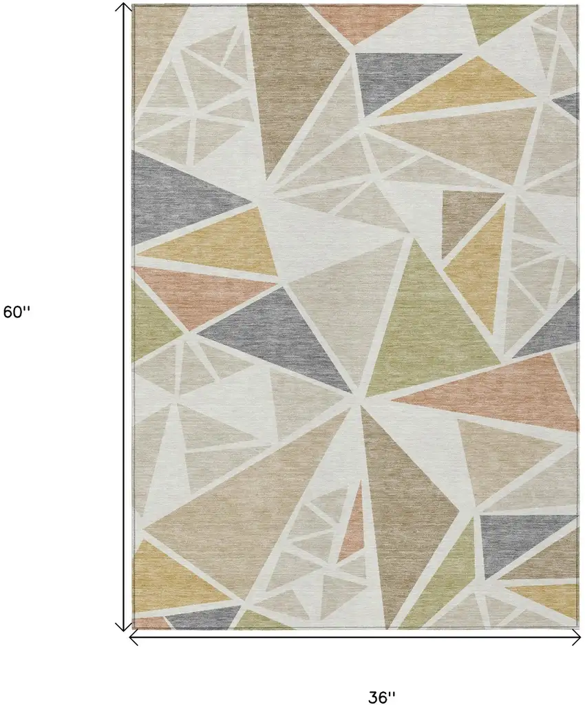 Ivory Brown And Green Geometric Washable Indoor Outdoor Area Rug Photo 3