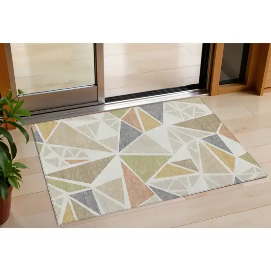 Ivory Brown And Green Geometric Washable Indoor Outdoor Area Rug Photo 1