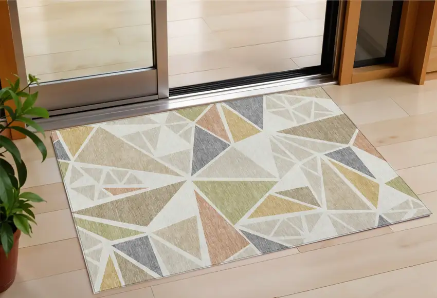 Ivory Brown And Green Geometric Washable Indoor Outdoor Area Rug Photo 1