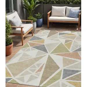 Photo of Ivory Brown And Green Geometric Washable Indoor Outdoor Area Rug