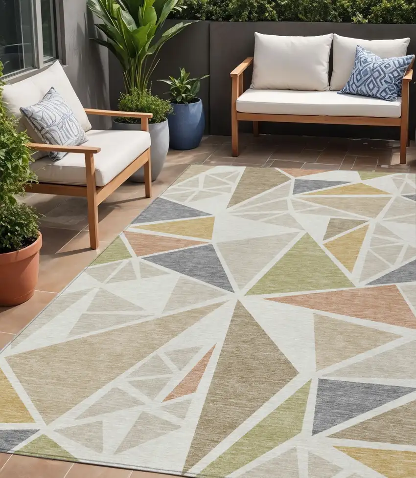Ivory Brown And Green Geometric Washable Indoor Outdoor Area Rug Photo 1