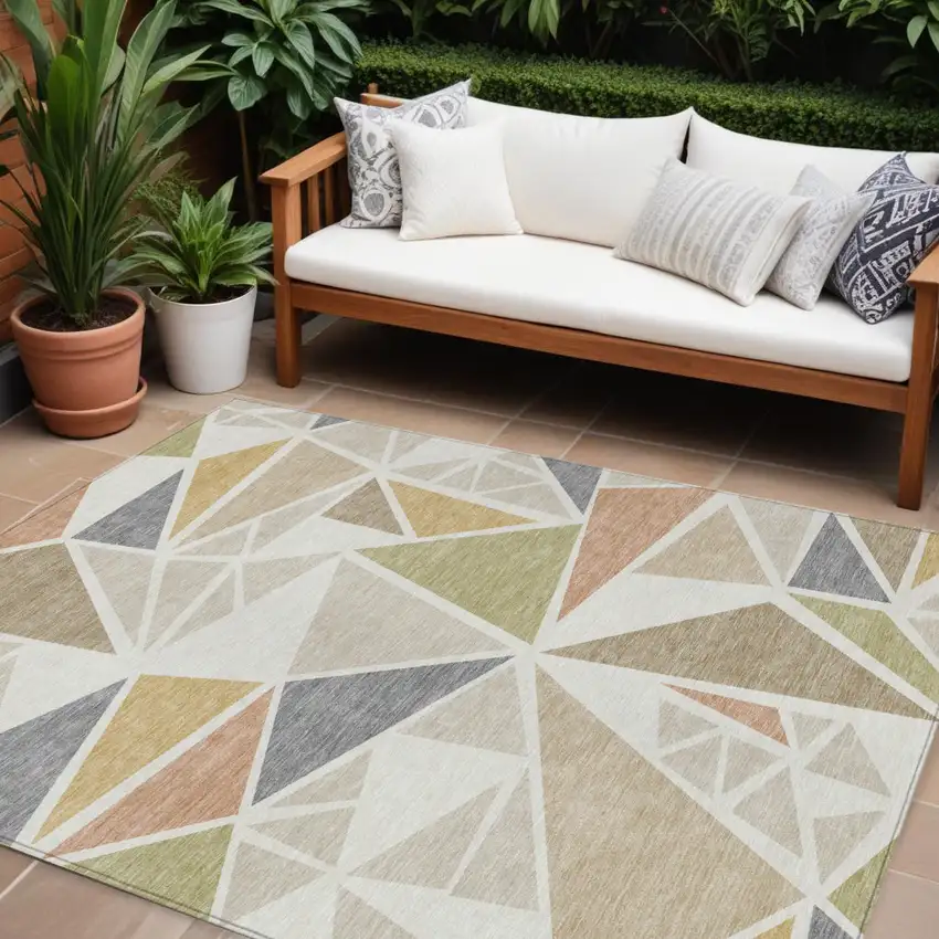 Ivory Brown And Green Geometric Washable Indoor Outdoor Area Rug Photo 1