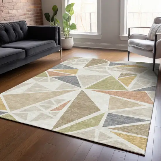 Ivory Brown And Green Geometric Washable Indoor Outdoor Area Rug Photo 9