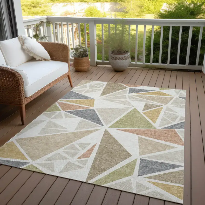 Ivory Brown And Green Geometric Washable Indoor Outdoor Area Rug Photo 9