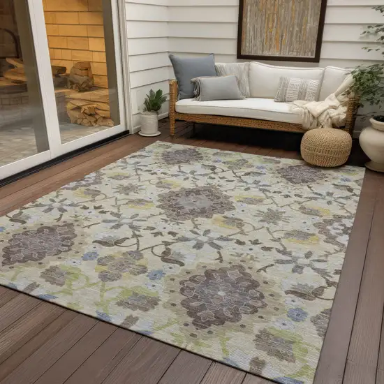 Ivory Brown And Green Oriental Washable Indoor Outdoor Area Rug Photo 8