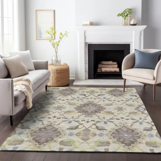 Ivory Brown And Green Oriental Washable Indoor Outdoor Area Rug Photo 9