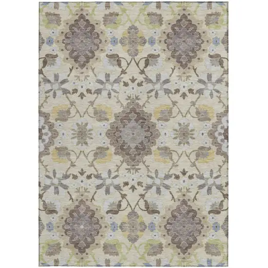 Ivory Brown And Green Oriental Washable Indoor Outdoor Area Rug Photo 7