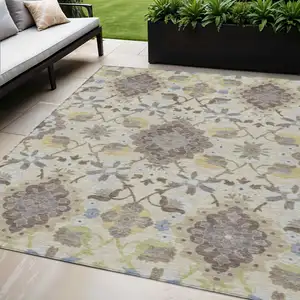 Photo of Ivory Brown And Green Oriental Washable Indoor Outdoor Area Rug