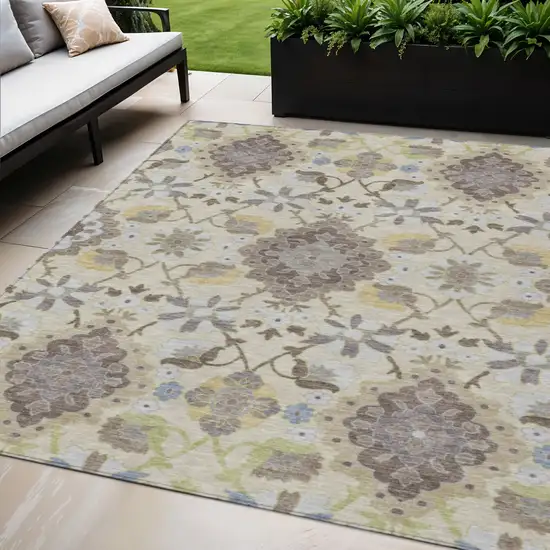 Ivory Brown And Green Oriental Washable Indoor Outdoor Area Rug Photo 1