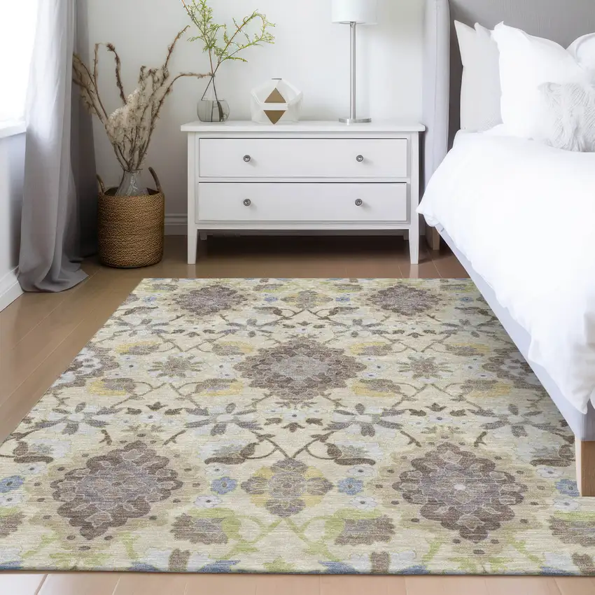 Ivory Brown And Green Oriental Washable Indoor Outdoor Area Rug Photo 9