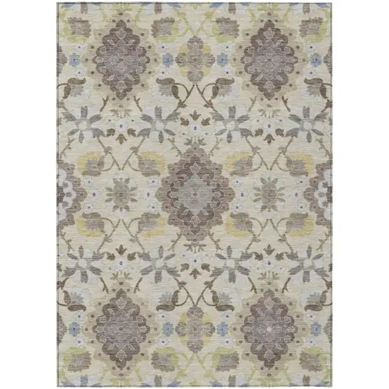 Ivory Brown And Green Oriental Washable Indoor Outdoor Area Rug Photo 2