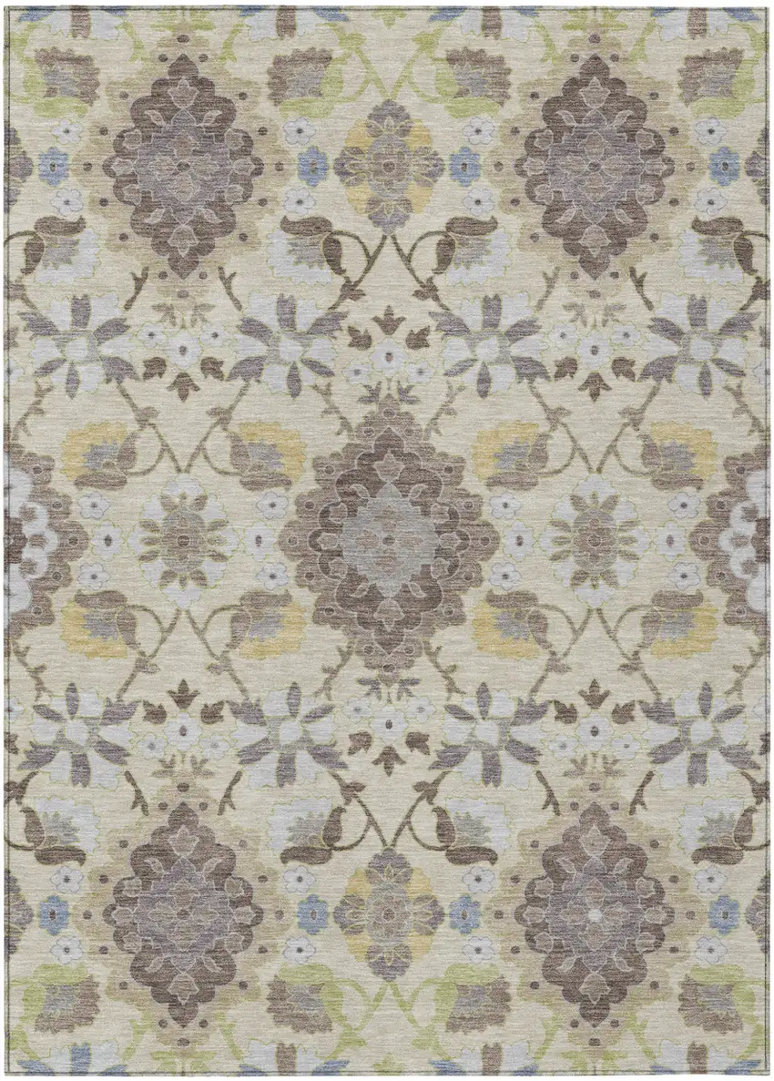 Ivory Brown And Green Oriental Washable Indoor Outdoor Area Rug Photo 2