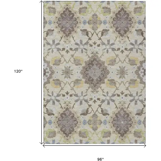 Ivory Brown And Green Oriental Washable Indoor Outdoor Area Rug Photo 3