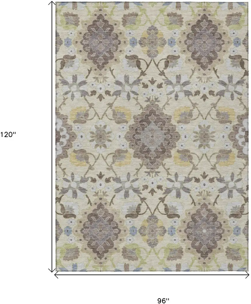 Ivory Brown And Green Oriental Washable Indoor Outdoor Area Rug Photo 3