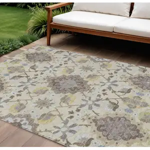 Photo of Ivory Brown And Green Oriental Washable Indoor Outdoor Area Rug