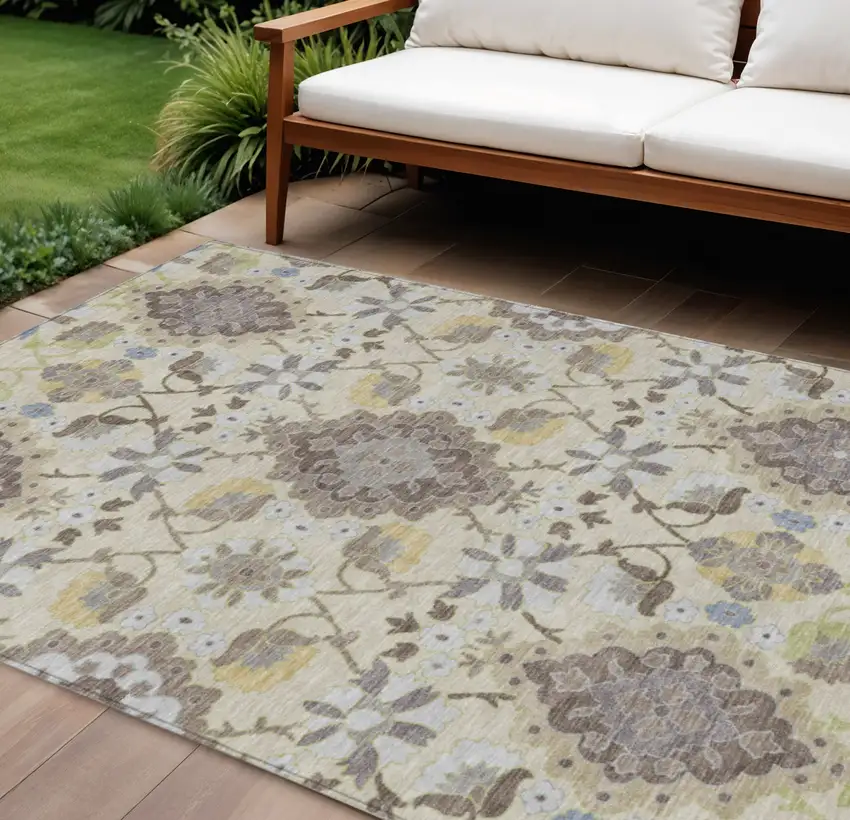 Ivory Brown And Green Oriental Washable Indoor Outdoor Area Rug Photo 1