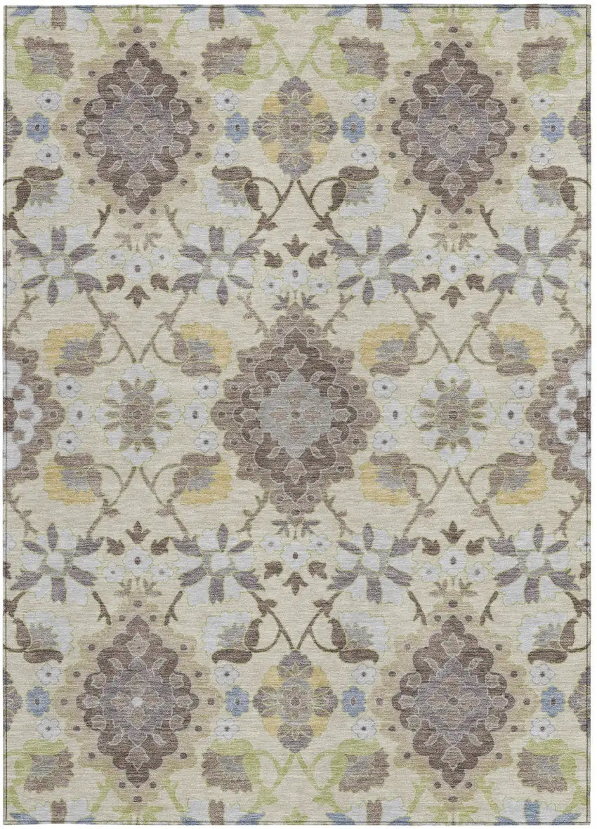 Ivory Brown And Green Oriental Washable Indoor Outdoor Area Rug Photo 6