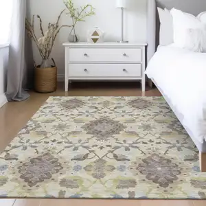 Photo of Ivory Brown And Green Oriental Washable Indoor Outdoor Area Rug