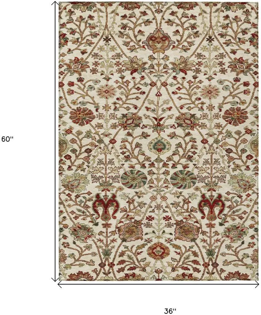 Ivory Brown And Red Floral Washable Indoor Outdoor Area Rug Photo 8