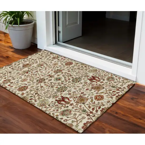 Ivory Brown And Red Floral Washable Indoor Outdoor Area Rug Photo 1