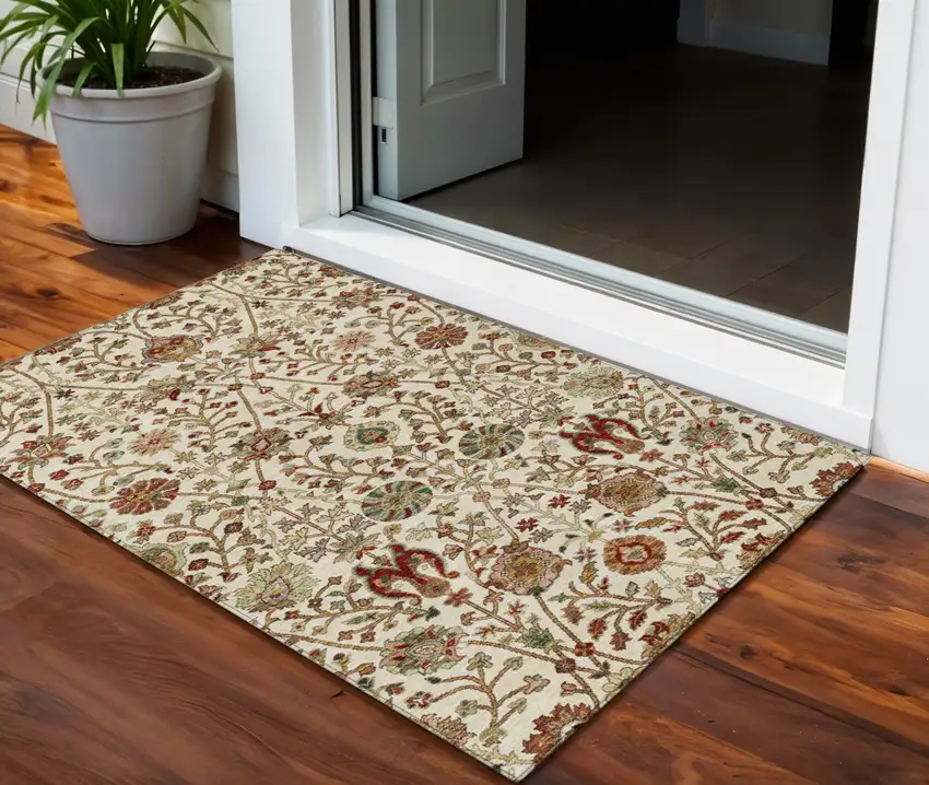 Ivory Brown And Red Floral Washable Indoor Outdoor Area Rug Photo 1