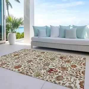 Photo of Ivory Brown And Red Floral Washable Indoor Outdoor Area Rug