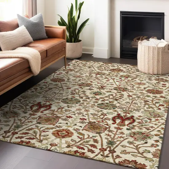 Ivory Brown And Red Floral Washable Indoor Outdoor Area Rug Photo 9