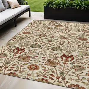 Photo of Ivory Brown And Red Floral Washable Indoor Outdoor Area Rug