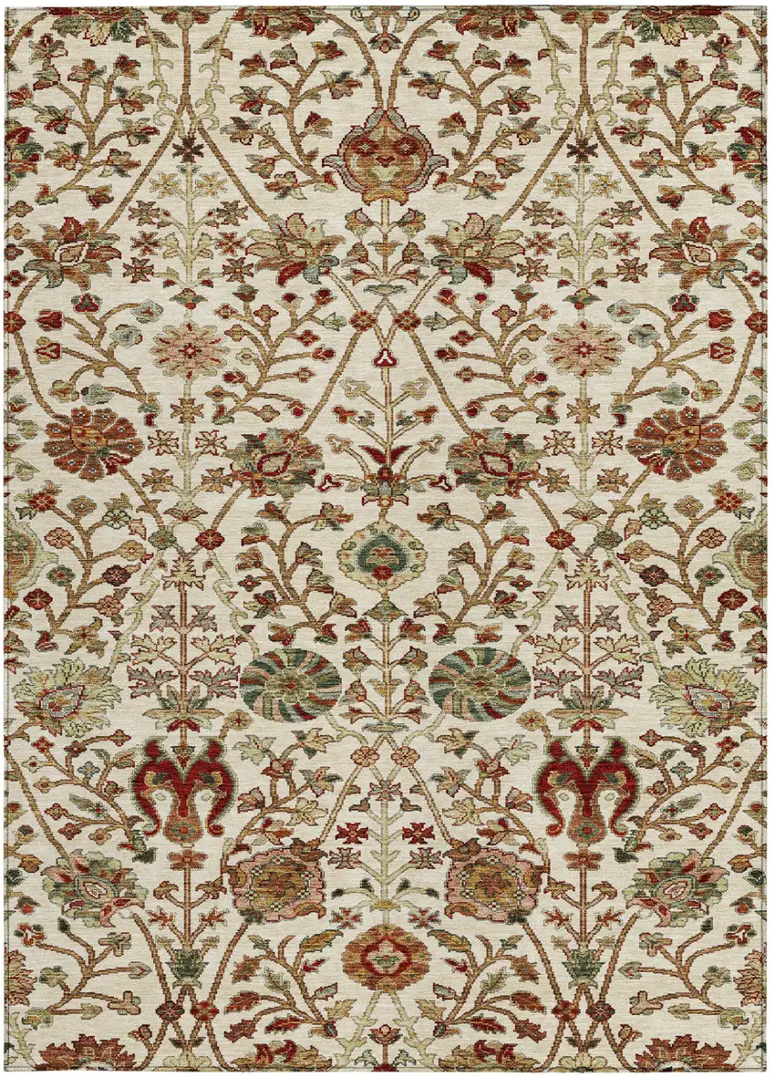 Ivory Brown And Red Floral Washable Indoor Outdoor Area Rug Photo 6