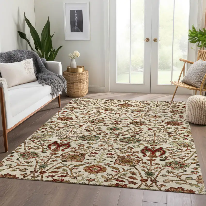 Ivory Brown And Red Floral Washable Indoor Outdoor Area Rug Photo 9