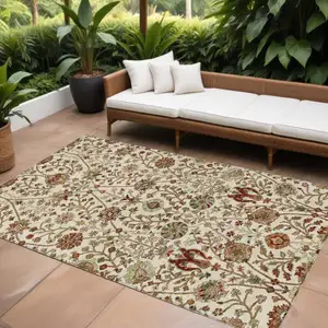 Photo of Ivory Brown And Red Floral Washable Indoor Outdoor Area Rug